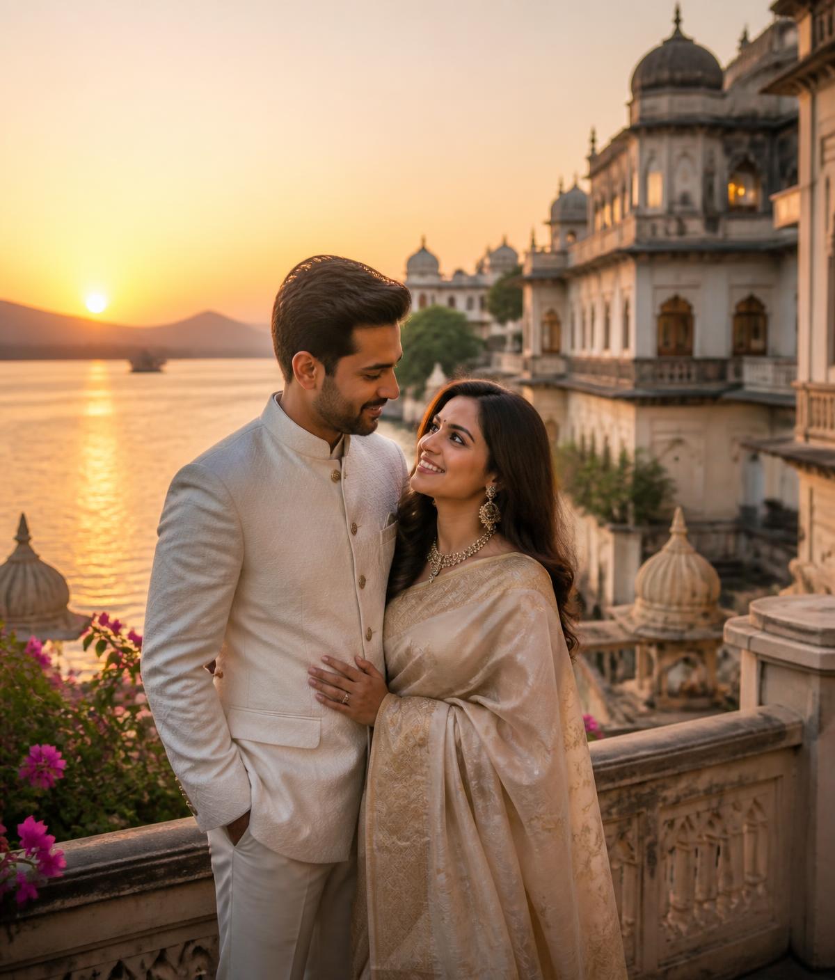 A couple standing together on a lakeside palace terrace in Udaipur at sunset