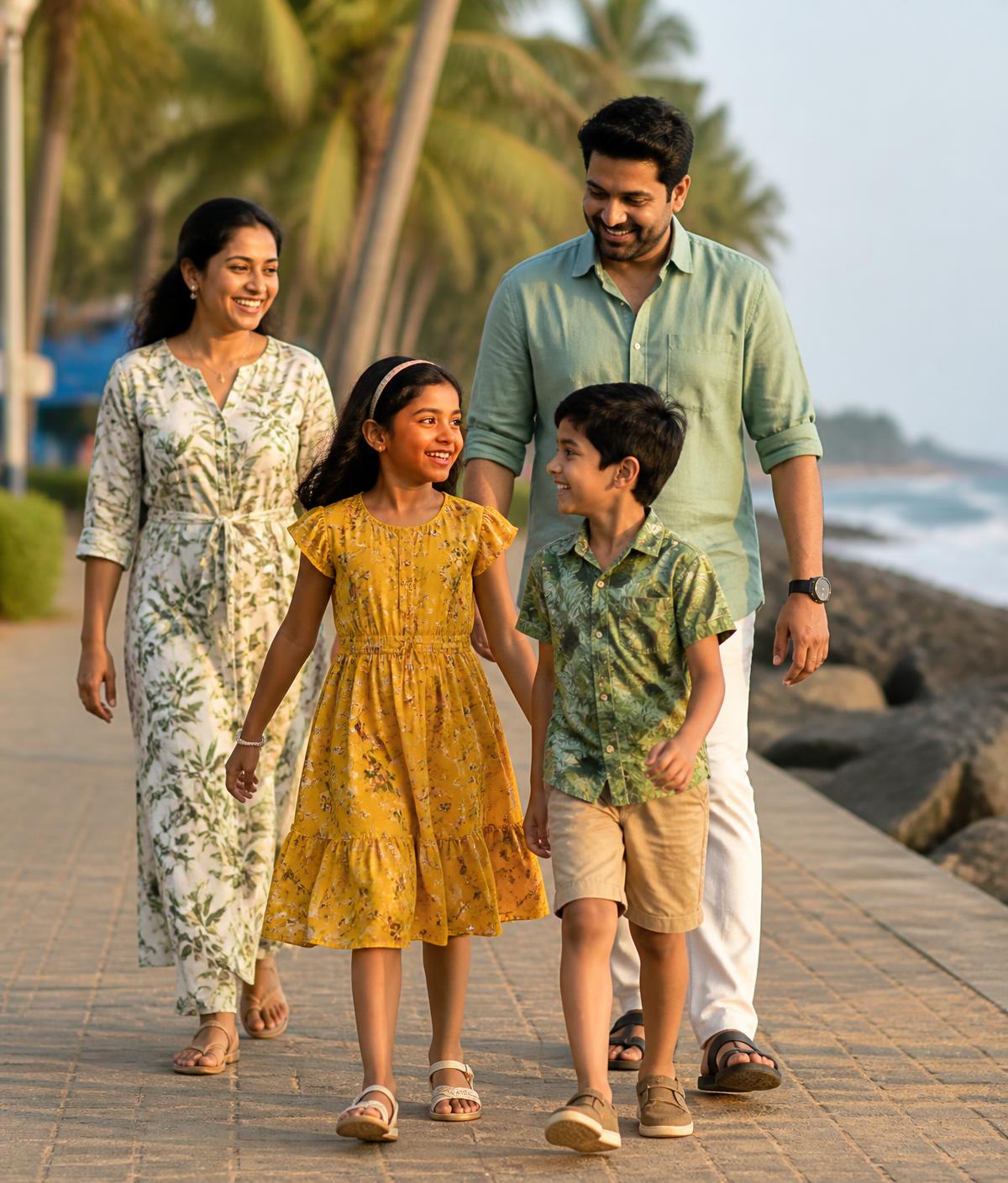 Parents and two children walking together along a palm-lined seaside promenade in Kerala at sunset