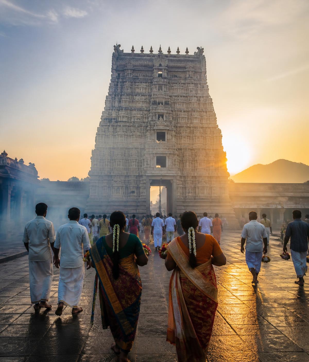 Devotees walking barefoot towards a South Indian temple gopuram at sunrise
