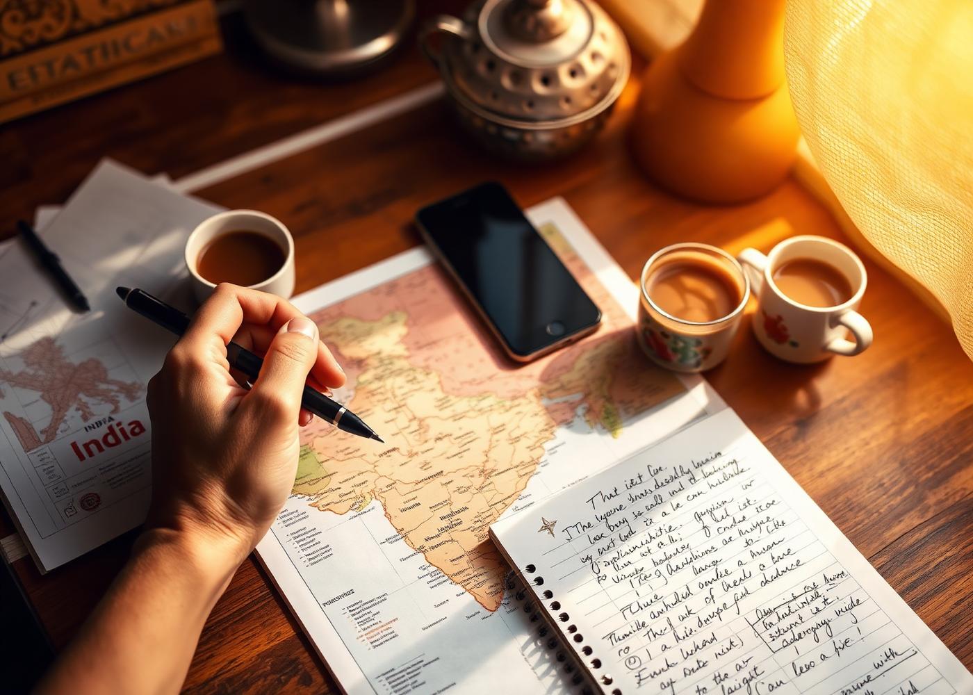 Hands marking a route on a paper map of India beside a notebook and cups of chai